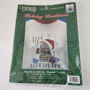 CANDAMAR DESIGNS Cross Stitch Kit Wearable Holiday Love Me Love My Cat NOS Vtg